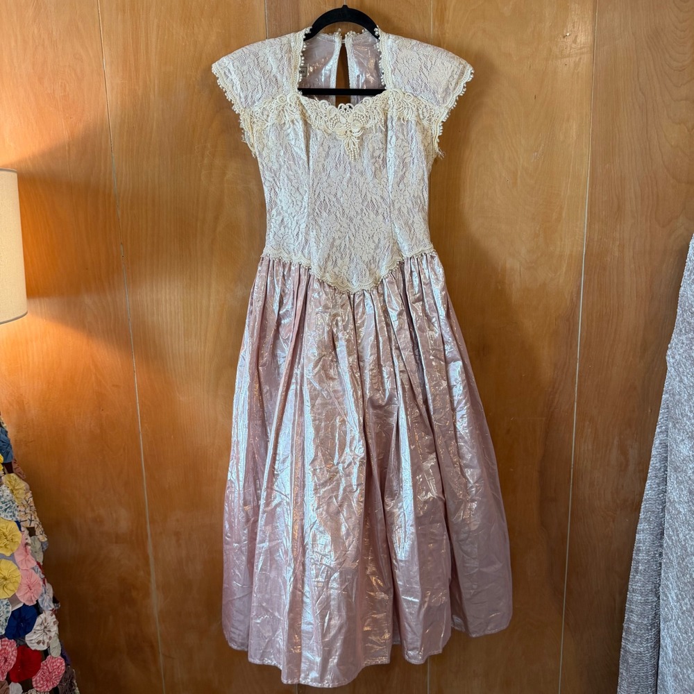 Vintage Scott McClintock Lace Metallic Pink Prom Dress Size 6 Made in USA